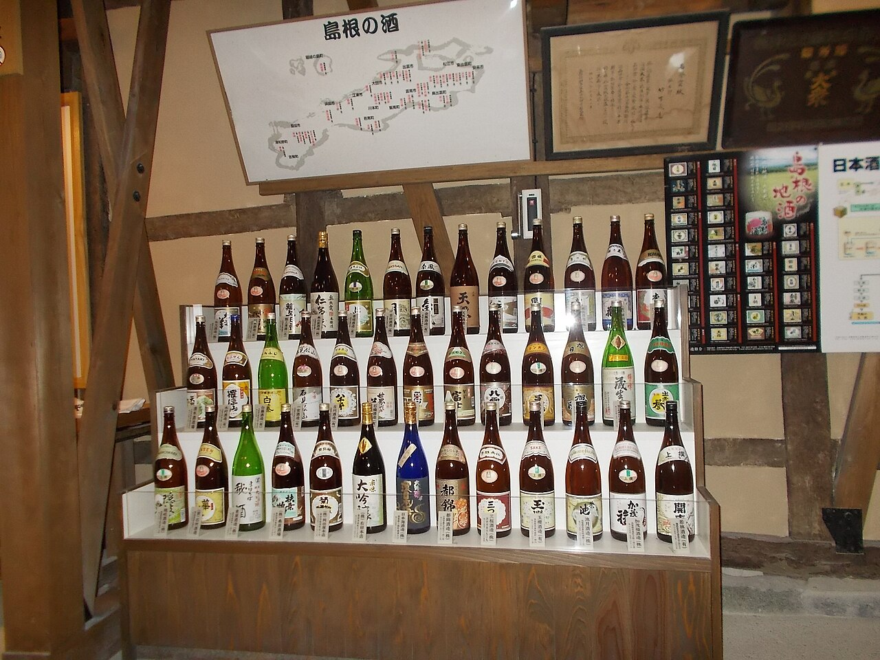 A row of Japanese sake bottles displayed at a brewery in Shimane Prefecture